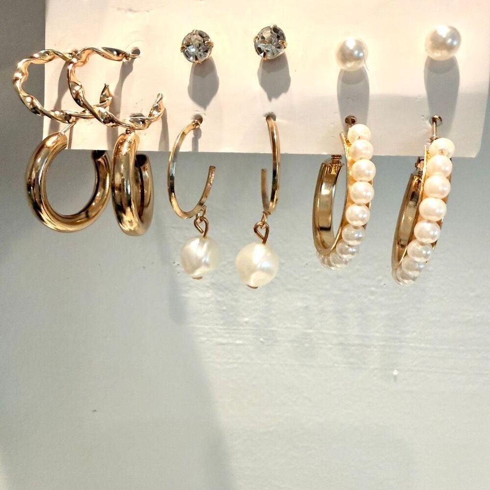 NWT Lot Of 6 Pairs DH Gate Assorted Gold-tone & Faux Pearl Hoop & Stud Earrings